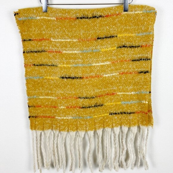 Cozy Super Soft Mustard Yellow Scarf. Fuzzy striped design, fringe detail - Picture 5 of 9